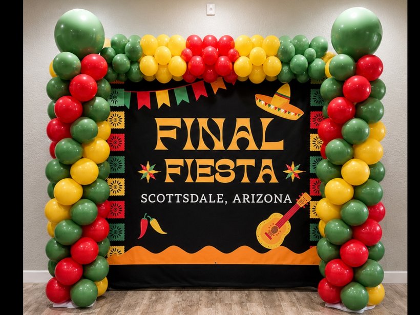 Final Fiesta bachelorette party balloon arch setup Scottsdale