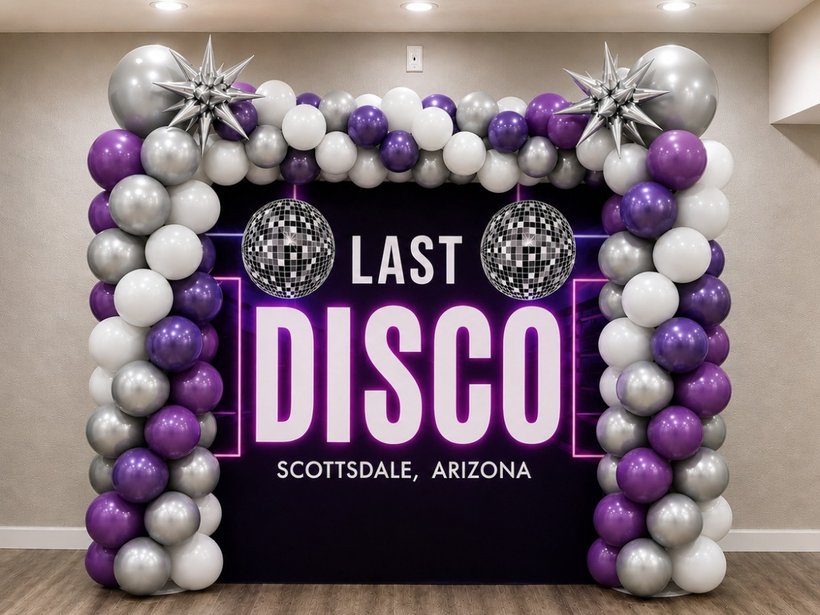 Last Disco bachelorette party balloon arch setup Scottsdale