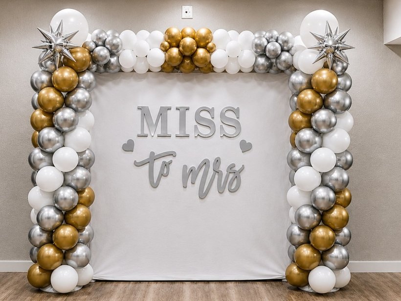 Miss to Mrs bachelorette party balloon arch setup Scottsdale