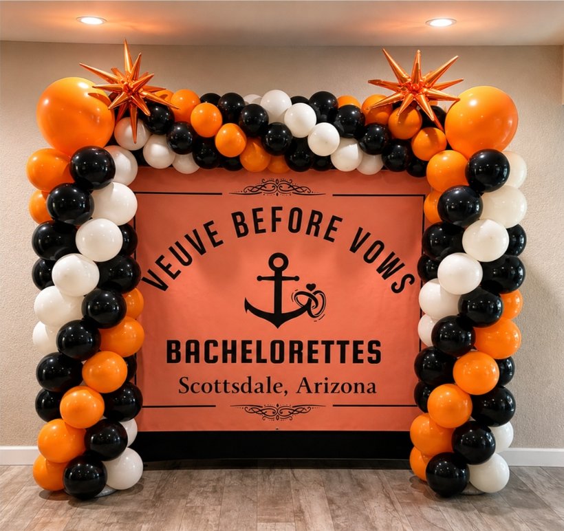Veuve before vows bachelorette party balloon arch setup Scottsdale