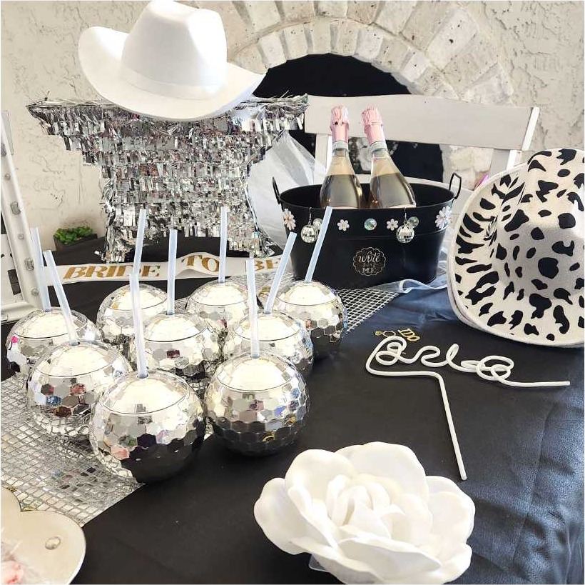 Last disco bachelorette party table setup Scottsdale AZ