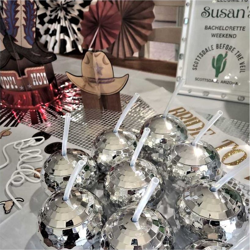 Disco themed bachelorette party table setup Scottsdale AZ